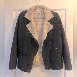 Leith Sherpa lined feud suede blue moto jacket
